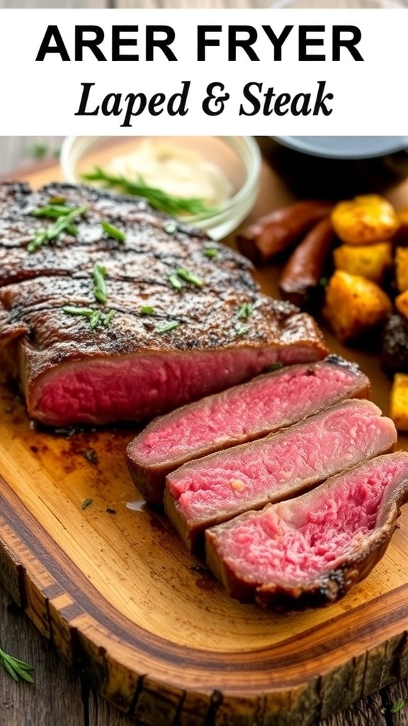 A juicy air fryer steak with a golden crust, garnished with herbs, served with roasted vegetables on a wooden board.